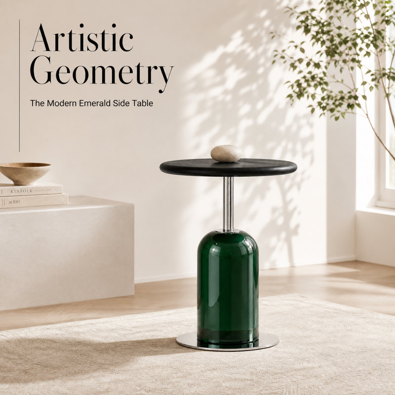 Modern Black Wood-Grain Side Table with Chrome Accents - Round End Table for Living Room, Stylish Bottle-Shaped Base