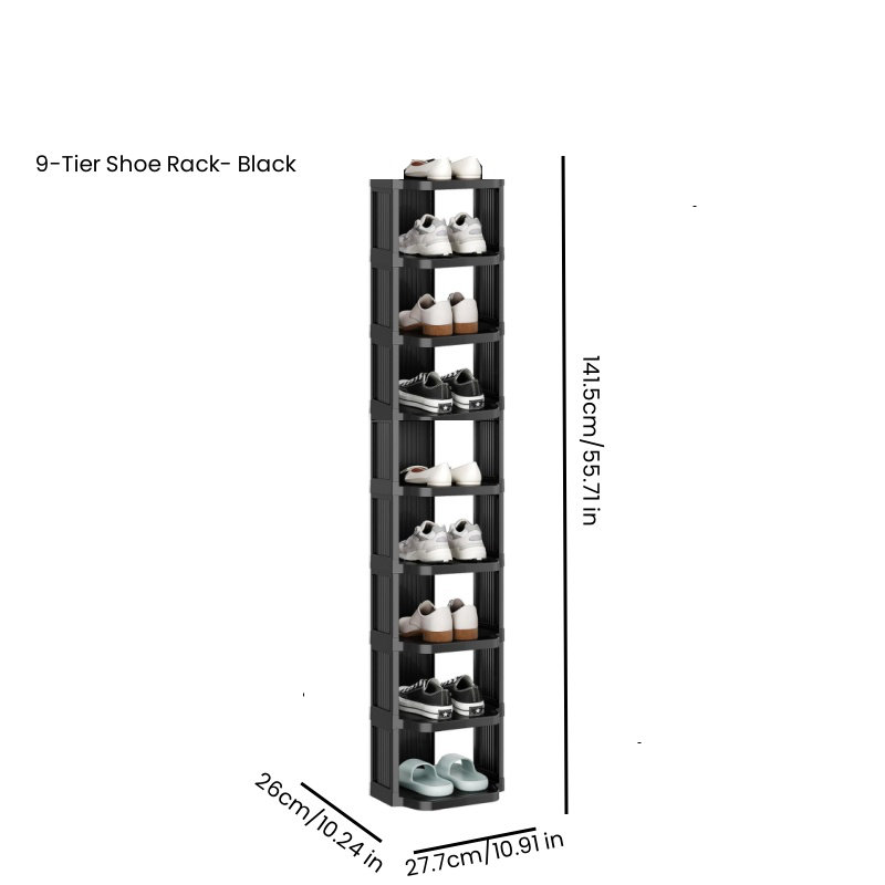 Small Shoe Rack, 9 Tier Plastic Vertical Shoe Rack for Narrow Spaces, Efficient Shoe Storage for Closet, Entryway, and Small Spaces (Black)