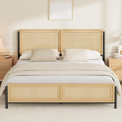 Cadre de lit naturel avec tête de lit et pied de lit en rotin, cadre de grand lit Boho, aucun sommier requis, cadre de lit en bois silencieux et facile à assembler