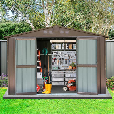 Remise à outils en métal 10 pi x 8 pi - Double porte verrouillable imperméable et coupe-vent pour le jardin, la cour arrière en métal, avec poutres renforcées