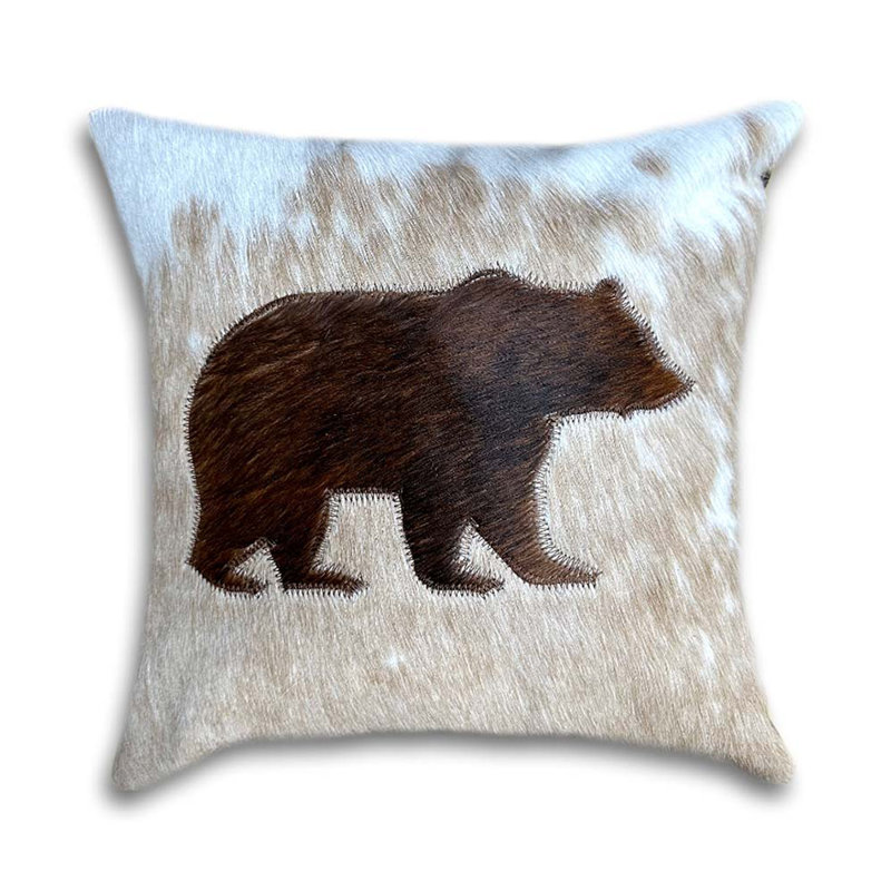 Housse de coussin en cuir de vache avec ours, H 16 po x l 16 po