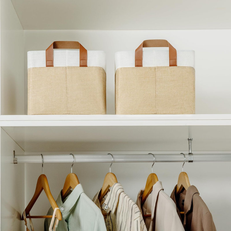 Shelf Baskets For Shelf, Fabric Storage Bins With Metal Frame,Foldable Storage Boxes With PU Handles,2-Pack, Khaki/White