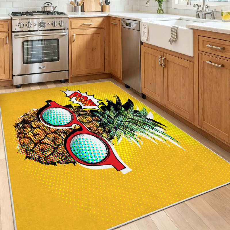 Green Pop Art Comic Pineapple Glasses Food Summer Machine Washable Indoor Area Rug, Rectangle 55" x 79"