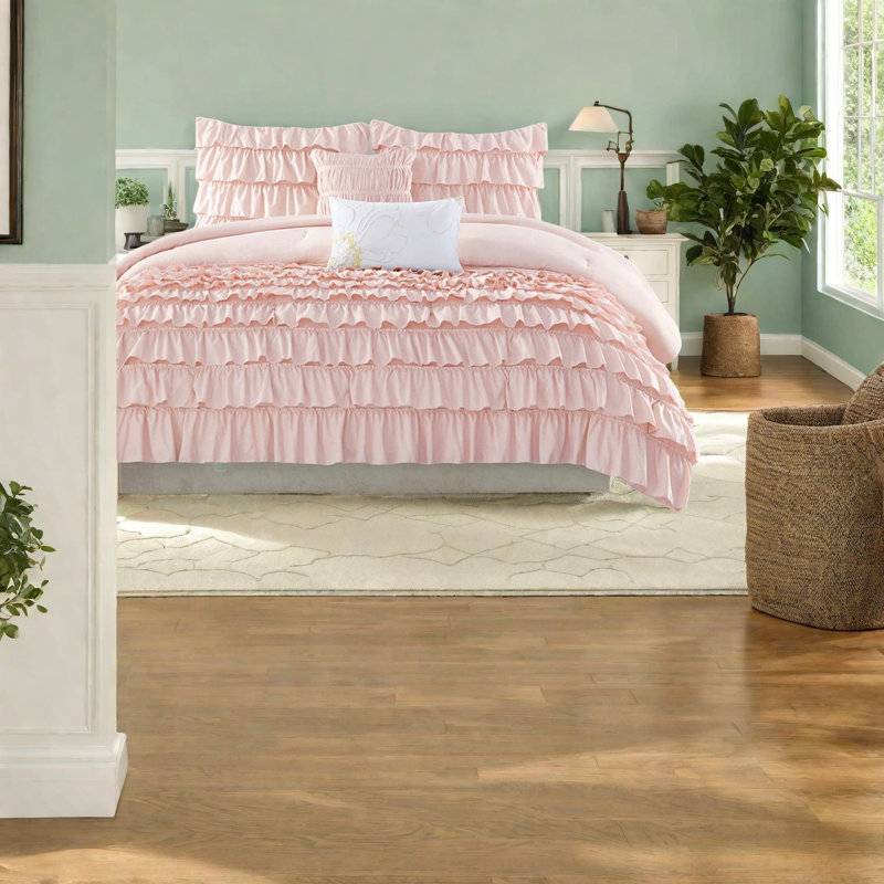 Elegant Blush Bedding Sets, Hypoallergenic Polyester, Ruffled Design For Home