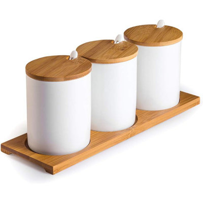 Ceramic Sugar Bowls With Bamboo Lids And Spoons- -Functional Round Condiment Jar For Home- Spice Storage Canister,10.8 Oz 320 ML,3 Pcs Set