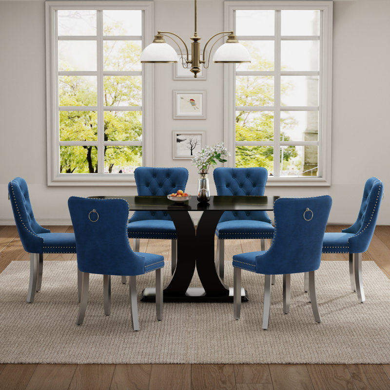 Ensemble de salle à manger Duvall Mid-Century, 7 Pieces: Table, 6 Chairs, Blue