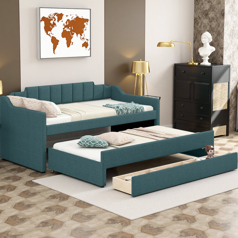 Timeless Twin Upholstered Daybed with Trundle & 3 Drawers, Green