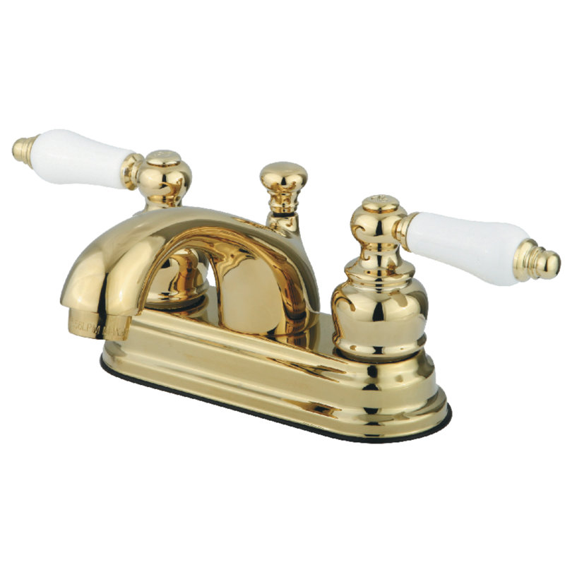 Kingston Brass Vintage Two-Handle 3-Hole Deck Mount 4" Centerset Bathroom Faucet with Plastic Pop-Up, Polished Brass
