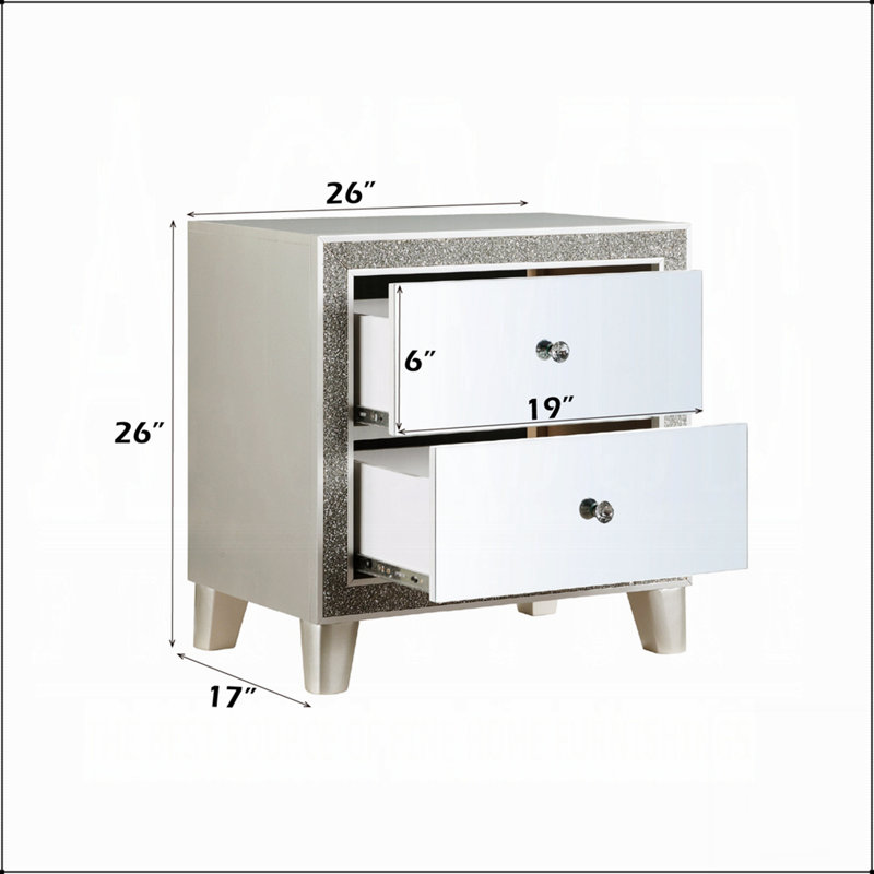 Table de chevet de style glam avec 2 tiroirs et façade en miroir, finition champagne pour un décor de chambre à coucher de luxe