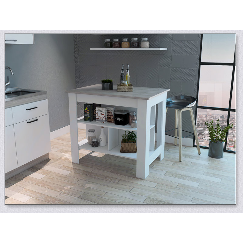 Îlot de cuisine à 3 tablettes Rockaway avec plateau de table résistant aux bactéries et grand espace de rangement, parfait pour les cuisines modernes