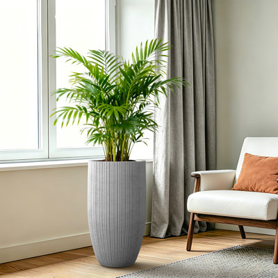 24" Tall Vertical Ribbed Round Concrete Planter with Drainage Hole - Medium Gray Modern Matte Barrel Pot for Indoor/Outdoor Use