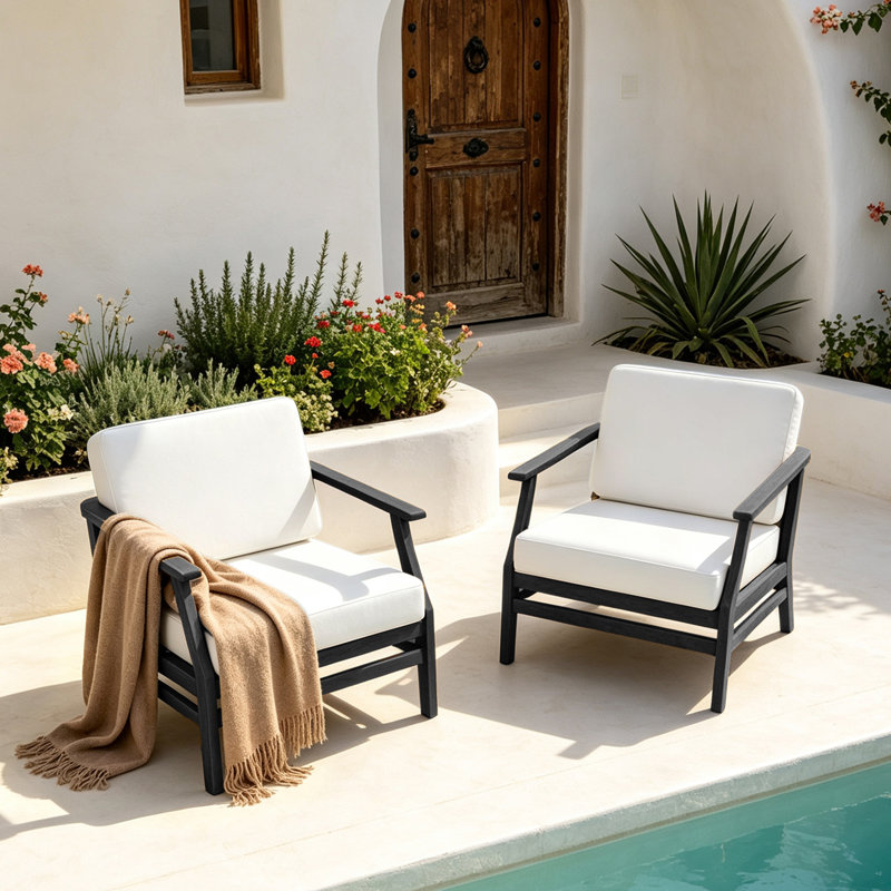 Clinkscales Solid Wood Teak Outdoor Lounge Chair With Cushion And Arms, Beige, Black