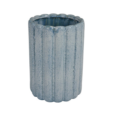 Scalloped Planter, Cylindrical Shape, Speckled Blue Ceramic 11 Inch