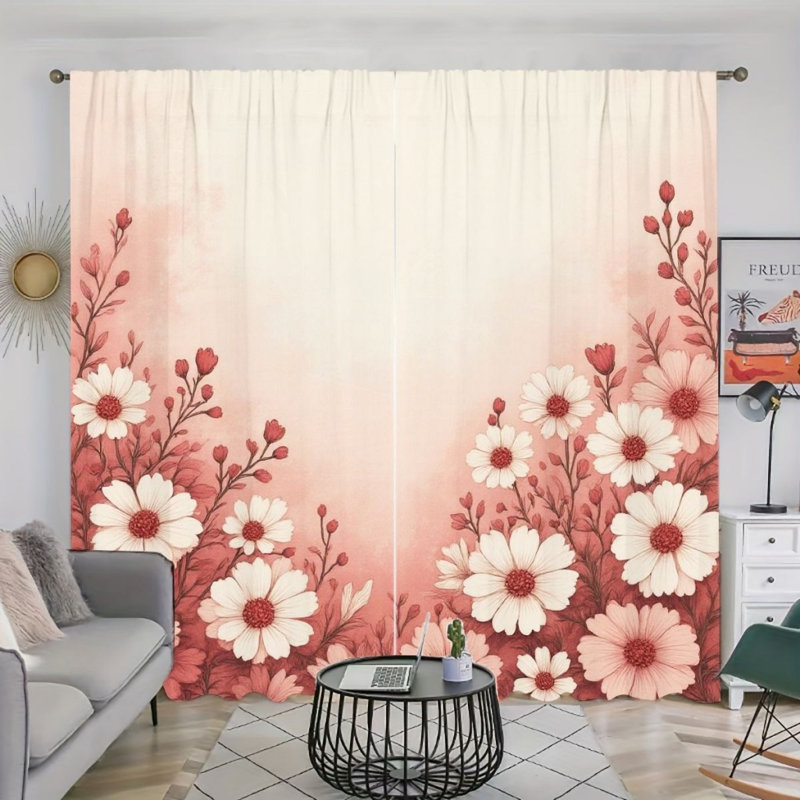 2Pcs Red Daisy Floral Curtains, Romantic Botanical Pattern, Rod Pocket Window Drapes, Elegant Farmhouse Style, Living Room Bedroom Study Window Decor