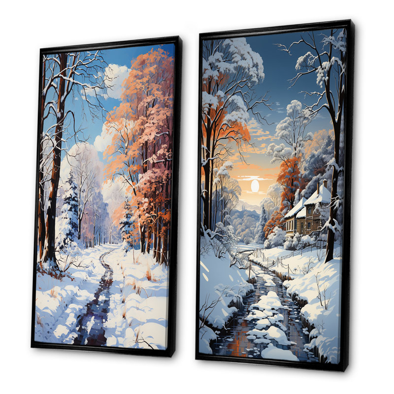 Chemin dans la forêt d'hiver I - paysage d'hiver, ensemble de 2 impressions sur toile, Cadre flottant noir, H 32 po x l 33 po