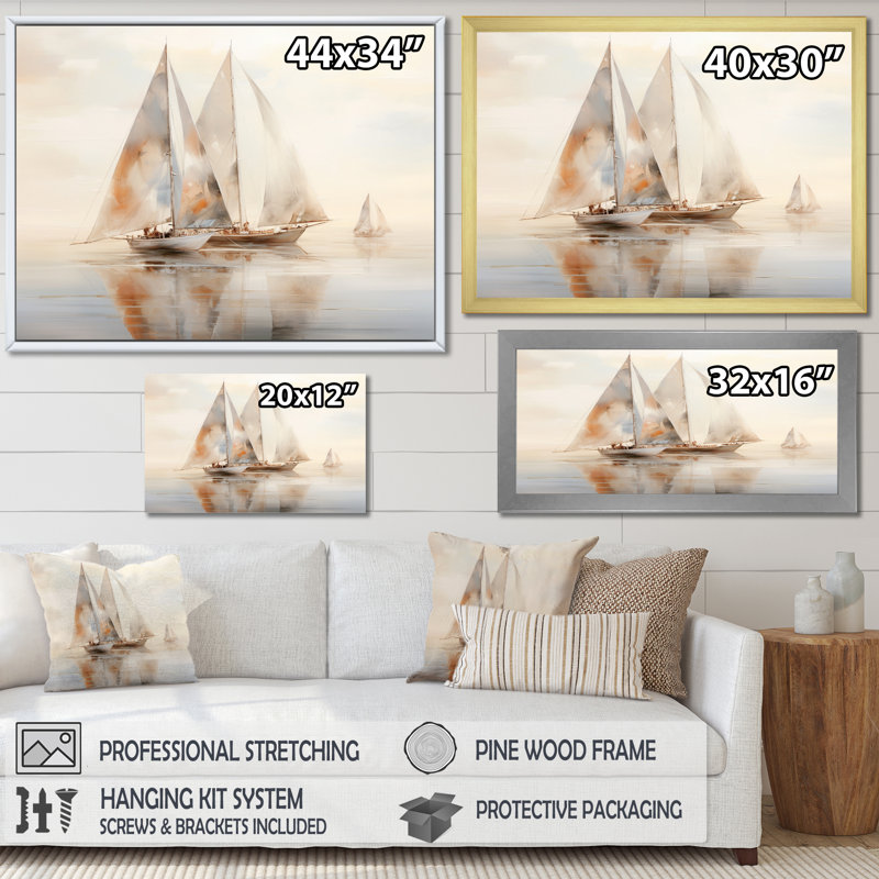 Bateau beige minimalisme II - transport, art mural, salon, H 30 po x l 40 po, Cadre flottant doré
