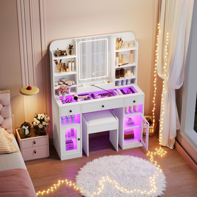 Vanity Desk with LED Mirror and Lights, Dressing Table with Drawers ,Storage Shelves and Stool for Bedroom