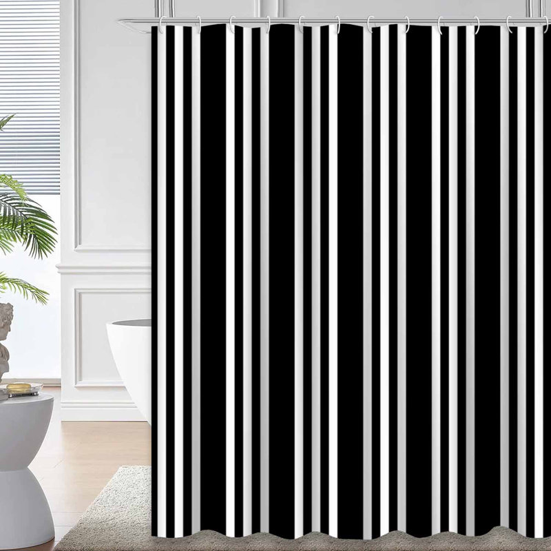 Rideau de douche rayé sans couture noir et blanc classique avec 12 crochets, L 72 po x l 78 po