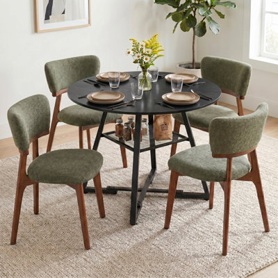Table de salle à manger industrielle ronde noire de 42 po et chaise de salle à manger rembourrée en bois massif 4 pièces vert