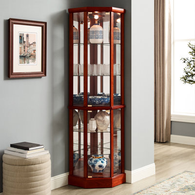 70"H Cherry Curio Cabinet With Adjustable Glass Shelves And Mirrored Back Panel 6 For Display