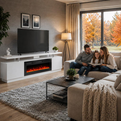Meuble télé avec foyer électrique intégré de 80 pouces (203 cm), 12 couleurs de flamme, rangement à deux niveaux et chauffage de 750 W/1500 W pour le salon et la chambre à coucher.