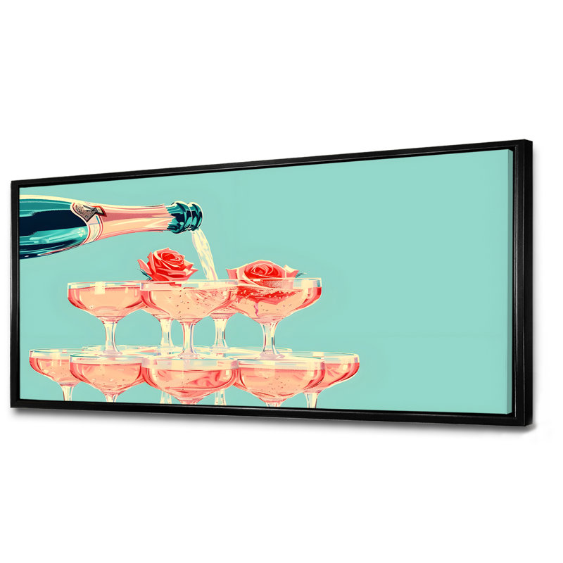 Champagne champagne bulles - Art mural champagne, Toile avec cadre flottant noir, H 28 po x l 60 po x P 1,5 po