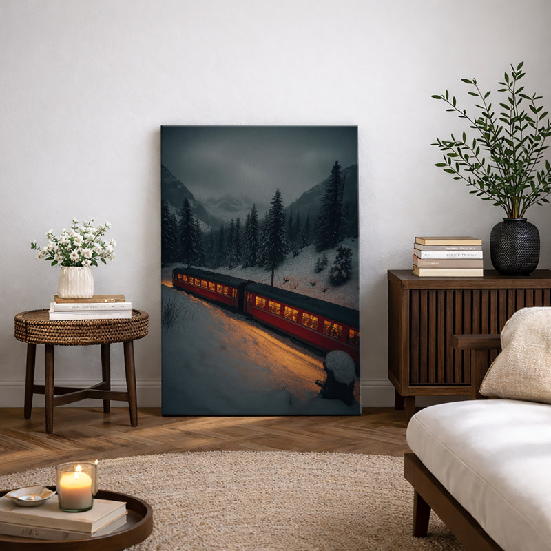 «Winter Mountain Train Night Scene Landscape Wall Decor», reproduction d'art sur toile encadrée., H 36 po x l 24 po