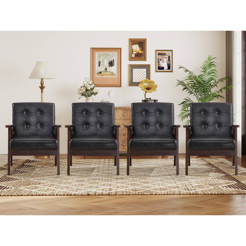 Fauteuil d'appoint rembourré capitonné rétro avec pieds en bois massif 25 po Chesterle, Similicuir noir