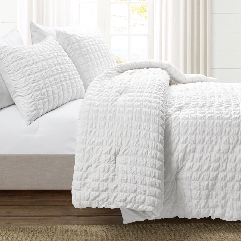 Crinkle 3 Piece All Season Crinkle Textured Dobby Comforter Set, White, King