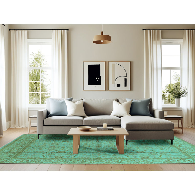 Tapis oriental en laine / polyester tissé à la machine en turquoise / brun, Rectangle 6 pi x 9 pi