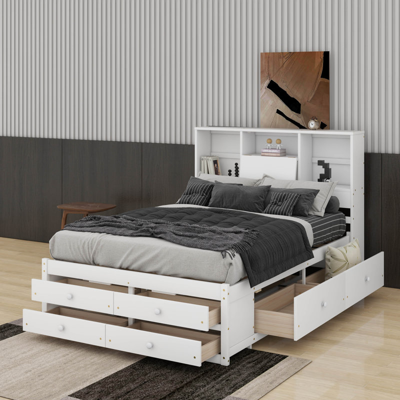 Lit plateforme avec tête de lit et tiroirs de rangement, Blanc, Grand lit