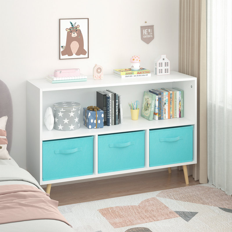 Kids Bookcase With Collapsible Fabric Drawers Toy Box Accent Cabinet Console Cabinet Entry Way Cabinet, Blue