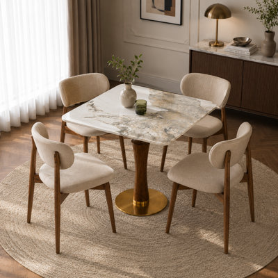 Table de salle à manger 33,5 po ronde en pierre frittée avec base en bois d'hévéa massif et base en acier inoxydable brossé doré, table de salle à manger moderne pour 2 à 4 personnes