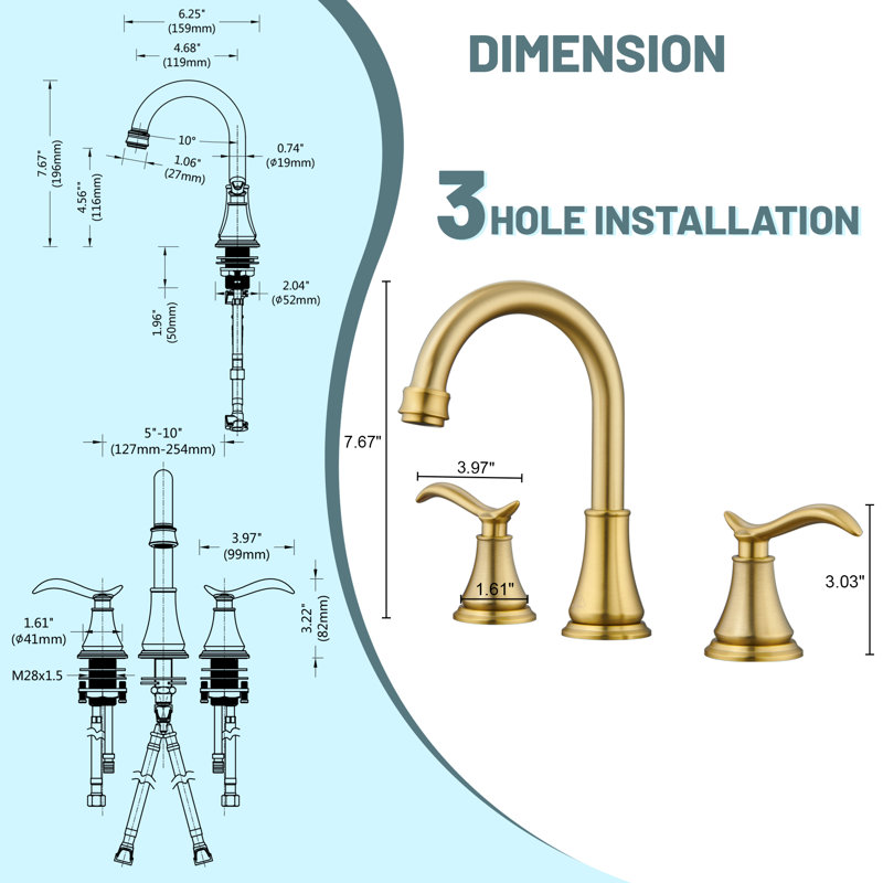Robinet de salle de bain 8 po à 2 poignées avec drain, Doré