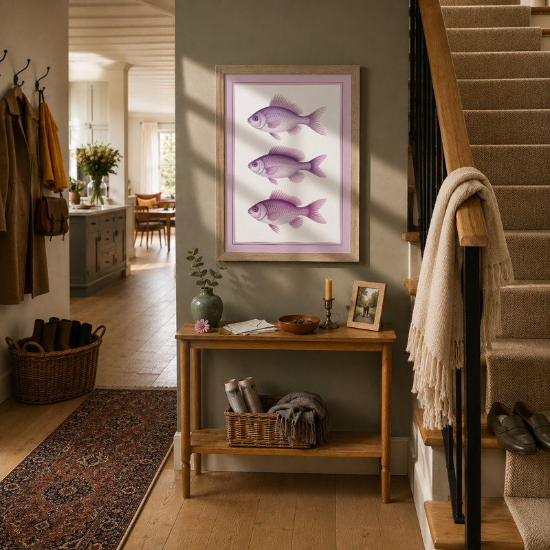 Three Purple Fish Japandi - Framed Print, Oak, A3 - 42.0 x 29.7 cm