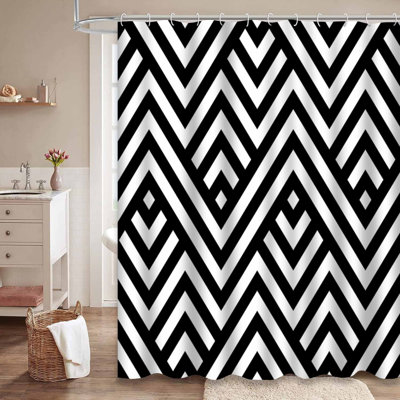 Rideau de douche à motif géométrique noir en zigzag avec 12 crochets