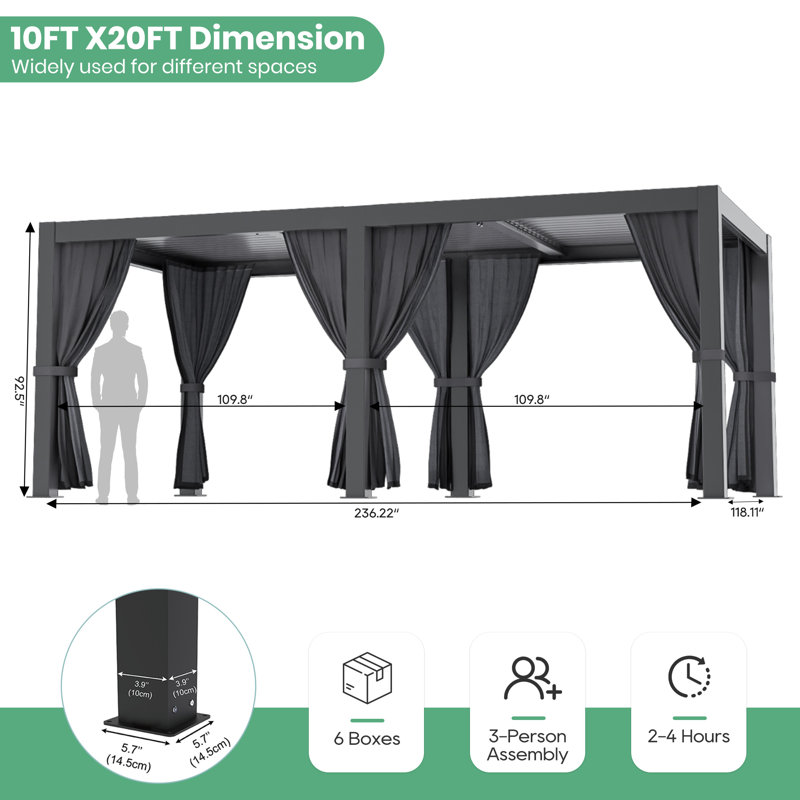 Outdoor Aluminum Louvered Pergola 10x20 Ft, Aluminum Pergola With Adjustable Louvered Roof, Outdoor Pergola With Waterproof Curtains And Nets For Deck Garden Yard