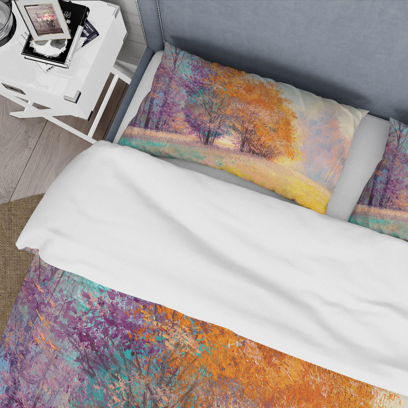 Autumn Forest Orange Leaves Original Landscape - Ensemble de housse de couette Lake House - Microfibre de polyester