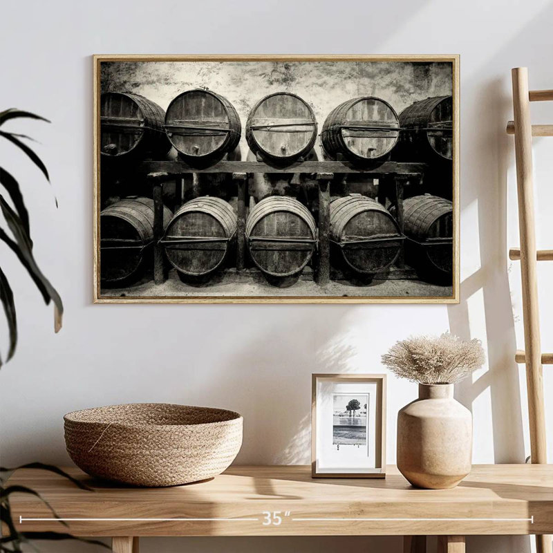 Tonneaux de vin, 25 po x 17 po, Cadre flottant en bois naturel