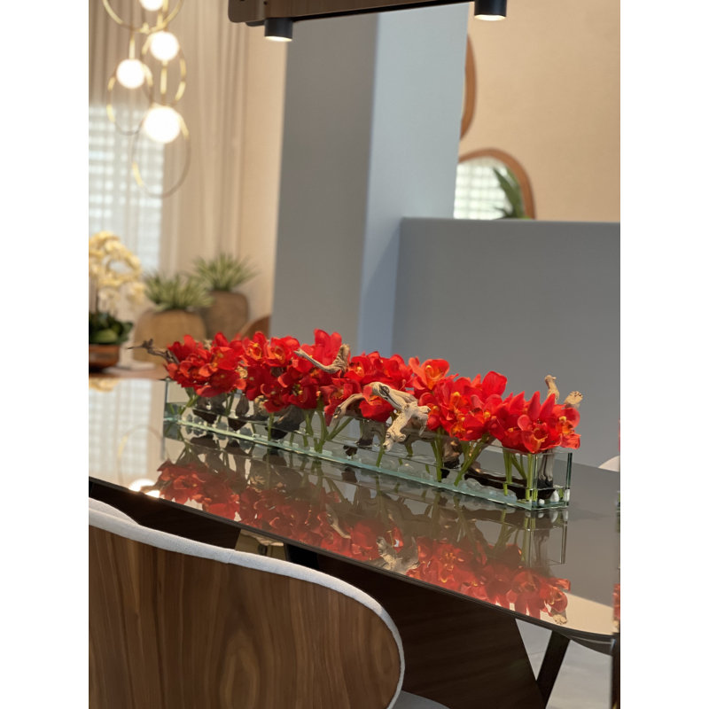 Driftwood Cymbidium Orchids Centerpiece in Glass Planter, 16" H x 48" W x 4" D, Red