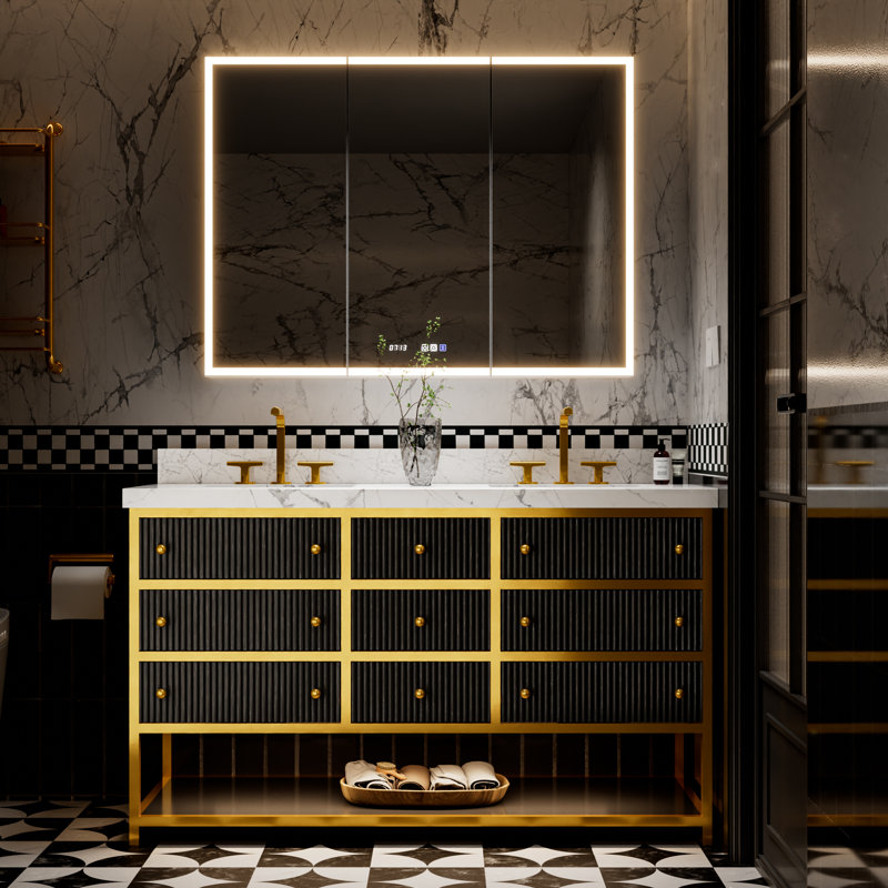 60" Double Sink Freestanding Bathroom Vanity Set In Black, Solid Wood Waterproof Base & White Marble Top, Soft-Close Drawers + Built-In Night LED, With 48" W X 36" H Frameless LED Medicine Cabinet (Anti-Fog, 3000K–6000K Dimmable, USB/Outlet, Clock & Temp