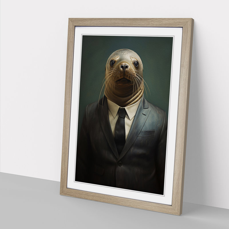 Sea Lion in a Suit Painting No.3 - Framed Print, 64cm H x 46cm W x 2cm D, Oak 