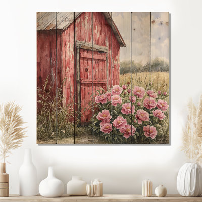 Peonies By The Tractor Shed I - Peonies Wood Print - On Natural Pine Wood