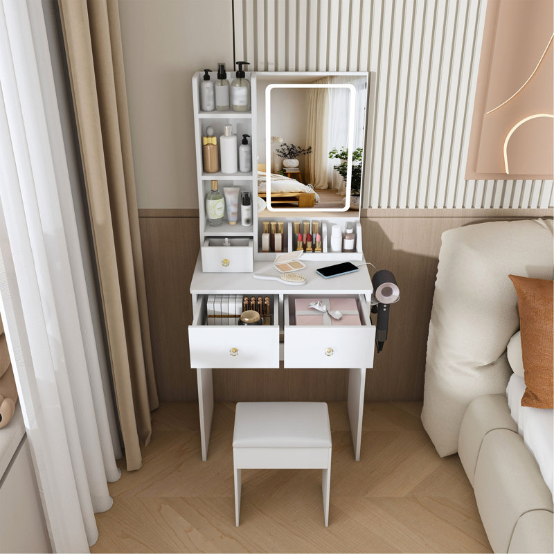 Modern Small  Vanity Desk ,Featuring 3 Modes Of LED Lighting With Adjustable Brightness, 3 Drawers And Multiple Open Storage Shelves, A Hair Dryer Holder And Power Socket, And A Dressing Chair