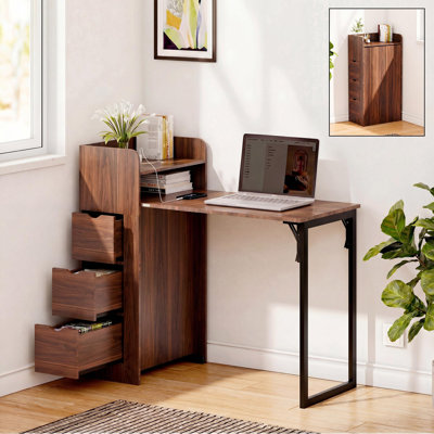 Bureau mural pliable de 100 cm de large avec tiroirs et borne de recharge, idéal pour les petits espaces, chambre, appartement et résidence étudiante.