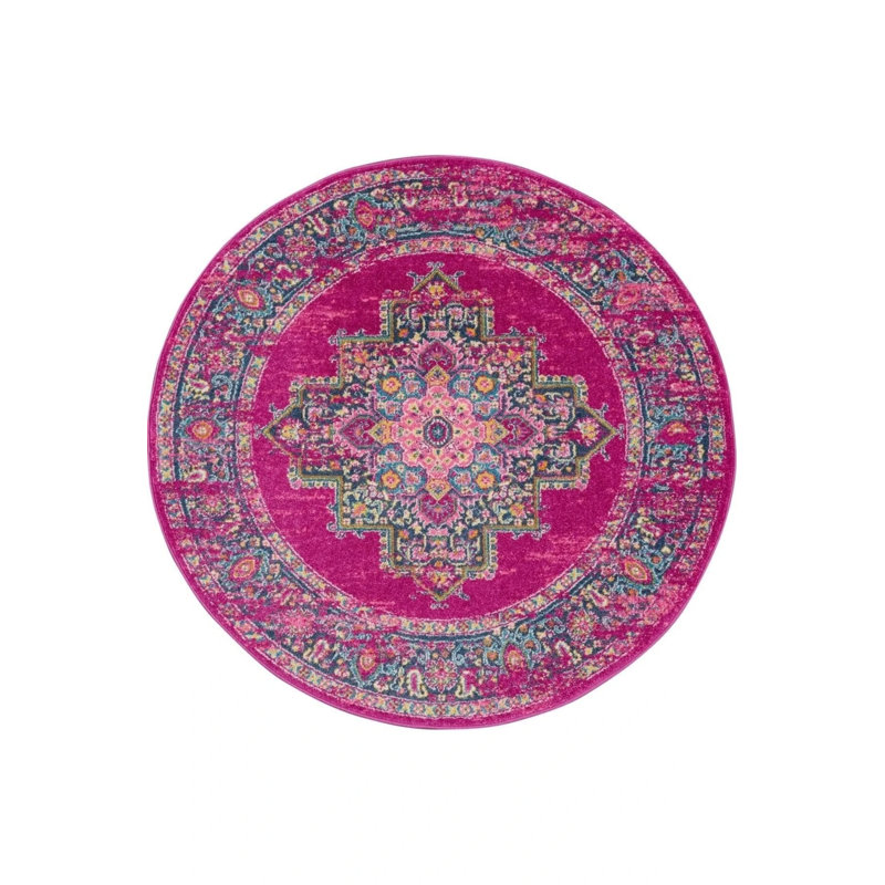Fuchsia Pink Ethnic And Vintage Theme Woven Base Round Carpet Izmir, Round 4'