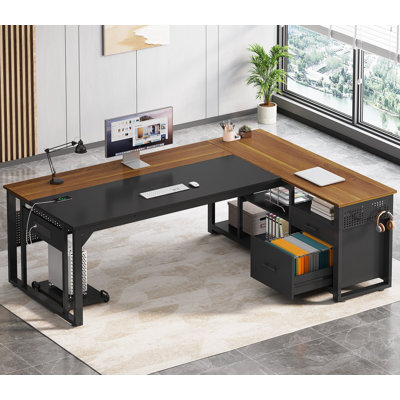 Bureau de direction 71 "avec prises de courant, bureau en L moderne avec tiroirs classeurs et panneau perforé