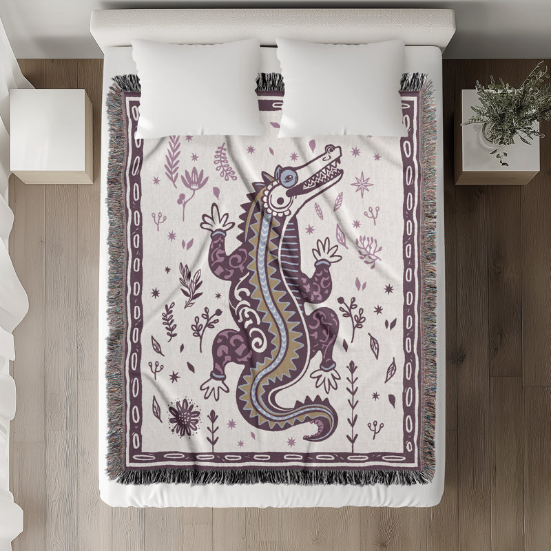 Jeté en mélange de coton Amiro Crocodile, L 60 po x l 50 po, Pourpre / Blanc cassé