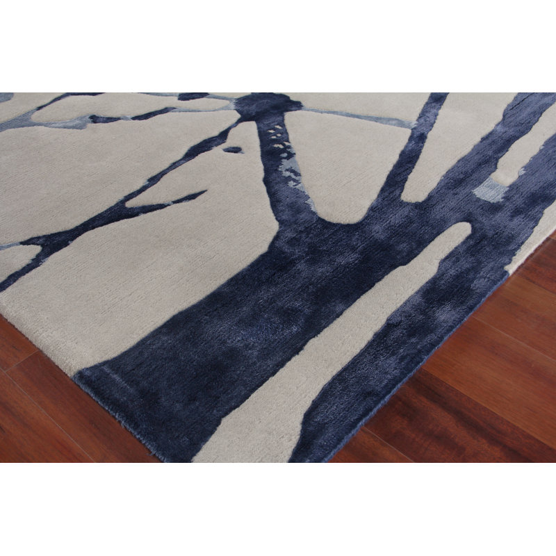 Vero Abstract Hand-Knotted Ivory/Royal Blue/Navy Area Rug, Rectangle 9' x 12'