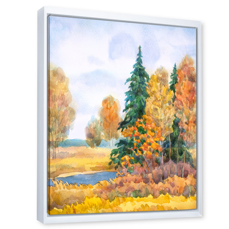 Forêt d'automne au bord du lac - Peinture sur toile, H 40 po x l 30 po x P 1 po, Toile blanche encadrée